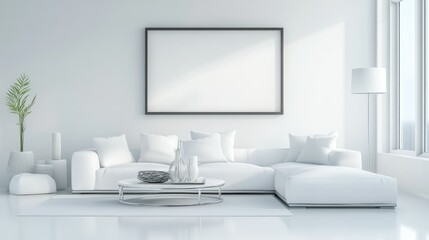 Modern white living space with a mockup frame above contemporary furniture, designed for a clean, sleek, and sophisticated look.