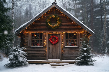 Fototapeta premium A rustic wooden cabin in a forest, decorated with Christmas lights and a large wreath on the door, with snow gently falling.