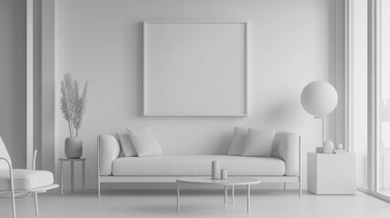 Modern white room with a blank frame mockup on the wall, sleek contemporary furniture, and geometric accents for a stylish interior.