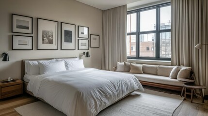 Obraz premium Serene bedroom setup with a king-sized bed, minimalist picture frames on the wall, and a cozy sofa by the window.