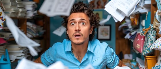 Bokeh-lit room with papers flying in chaos