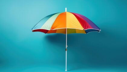 Bright and Colorful Rainbow Beach Umbrella with Vibrant Multicolor Panels Set Against a Clear Blue Sky. Ideal for Summer Vacation Ads, Resort Promotions, Tropical Getaways, and Outdoor Leisure Concep