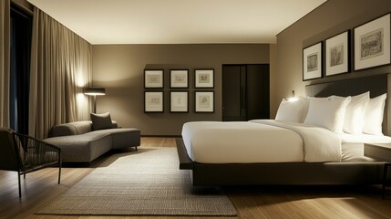 Fototapeta premium Stylish and cozy bedroom with a king-sized bed, wall-mounted frames, and a sleek modern sofa for a restful atmosphere.
