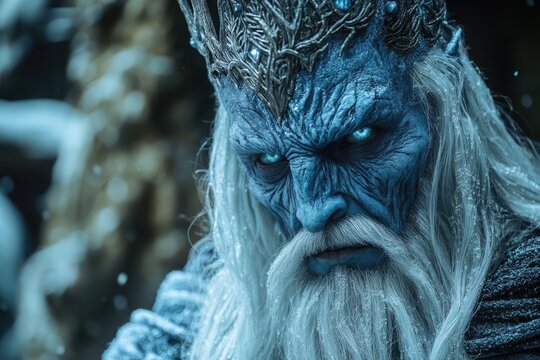 Powerful ice king wearing crown with spiky ice crystals