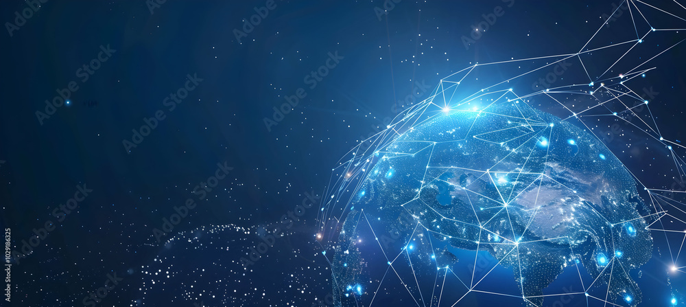 Wall mural abstract blue background with glowing network connections and a global connection concept.