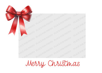 Merry Christmas. Festive Template with place for photo with watercolor ribbon and bow.