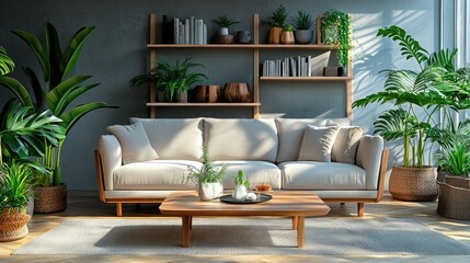 Obraz premium Stylish living room layout with a wooden coffee table, sleek modern sofa, indoor plants, and a small bookshelf for an elegant atmosphere.