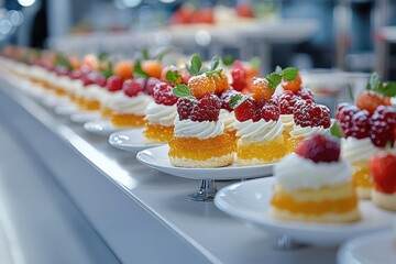 Delicious desserts with berries and whipped cream waiting to be served on white plates
