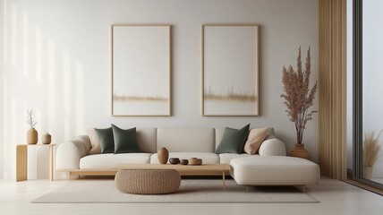 Fototapeta premium Modern Neutral-Toned Living Room with L-Shaped Sofa and Minimalist Decor