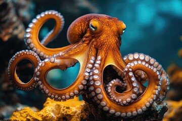 Fototapeta premium Giant pacific octopus posing on coral reef