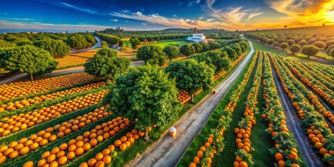 Aerial View of Fresh Orange Fields with Lush Green Landscapes and Bright Blue Skies