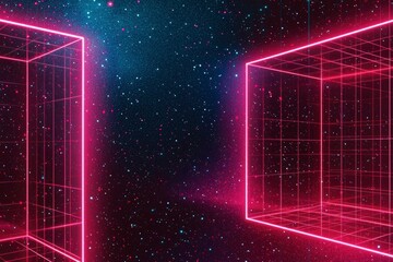 Two Pink Neon Cubes Against a Starry Night Sky