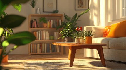 Obraz premium Warm-toned living room featuring a sturdy wooden table, plush sofa, vibrant plants, and a small bookshelf, creating a serene environment.