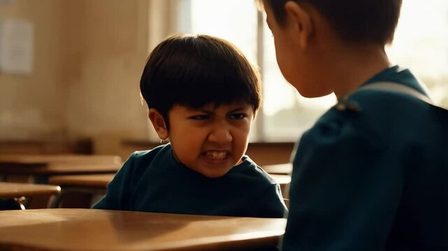 Angry child in class. Argument between students in elementary school.
