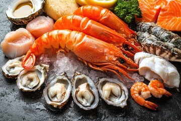 Fresh seafood platter displaying variety of shellfish on ice