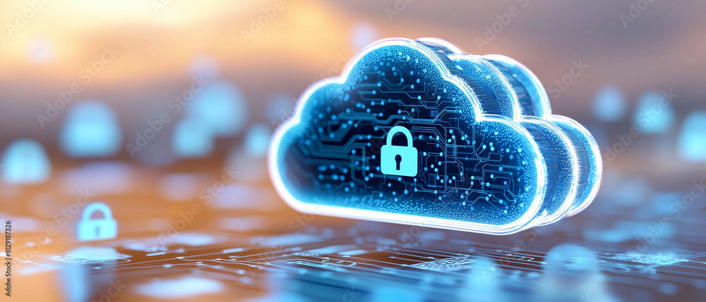 Poster secure cloud icon with padlock symbolizes data protection and privacy in digital world. This conveys importance of safeguarding personal information in cloud storage