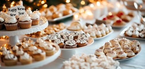 Naklejka premium A festive display of assorted cupcakes and pastries, beautifully arranged for a cheerful celebration, illuminated by soft lights.