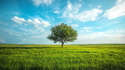 Open field with green grass, single tree standing alone in the middle of the landscape, bright blue sky with scattered clouds