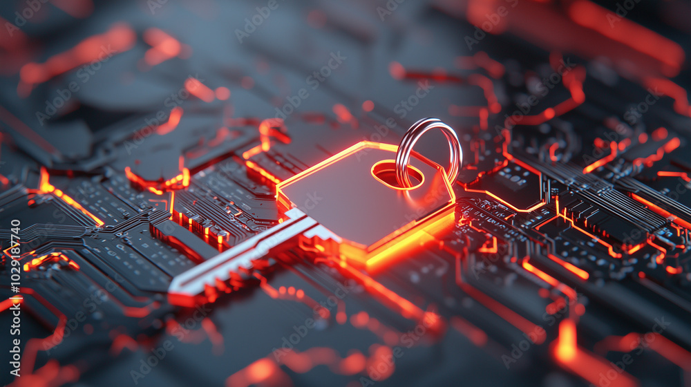 Poster digital key symbolizing data security and ownership, set against circuit board background. glowing elements evoke sense of modern technology and protection