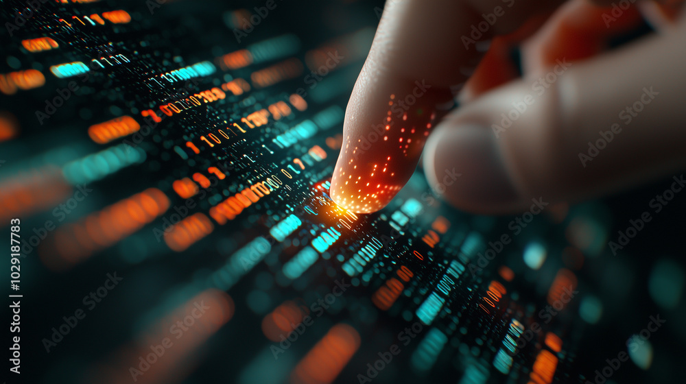 Leinwandbilder close up view of finger touching digital interface, symbolizing data ownership and interaction with technology. vibrant colors create sense of innovation and connectivity
