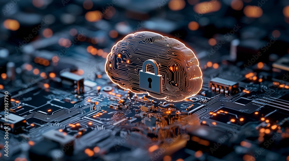 Aufkleber digital representation of human brain made of circuit patterns, symbolizing cybersecurity and data protection. glowing lock signifies secure information storage and advanced technology