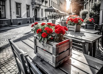 Street Café Awash in Red Flowers: A Fashion Photography Delight