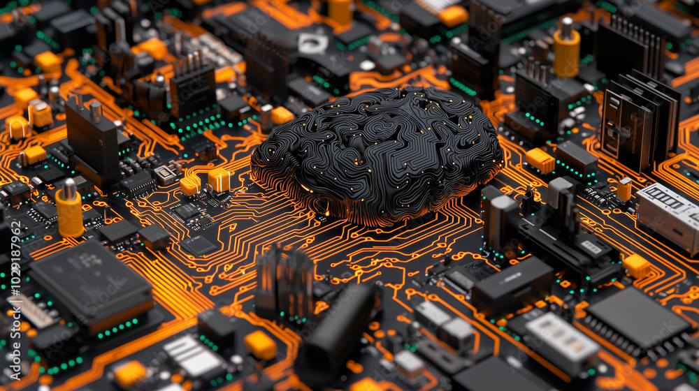 Poster abstract visual of human brain made of circuit board elements, showcasing intricate details and vibr