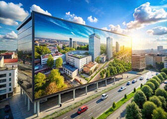 Naklejka premium Striking 3D rendering of a large advertising wall board mockup, expertly captured by drone photography, ideal for enhancing marketing and advertising