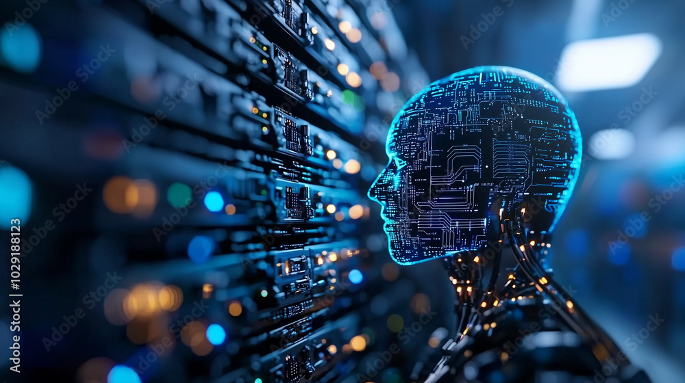 Poster futuristic AI assistant with glowing blue light is depicted, showcasing intricate circuit patterns against backdrop of server racks. This evokes sense of advanced technology and innovation