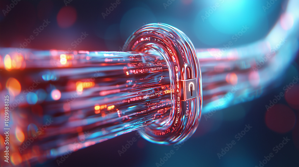 Poster vibrant abstract representation of digital security, featuring interconnected data streams and padlock symbolizing protection. This evokes sense of safety in online world