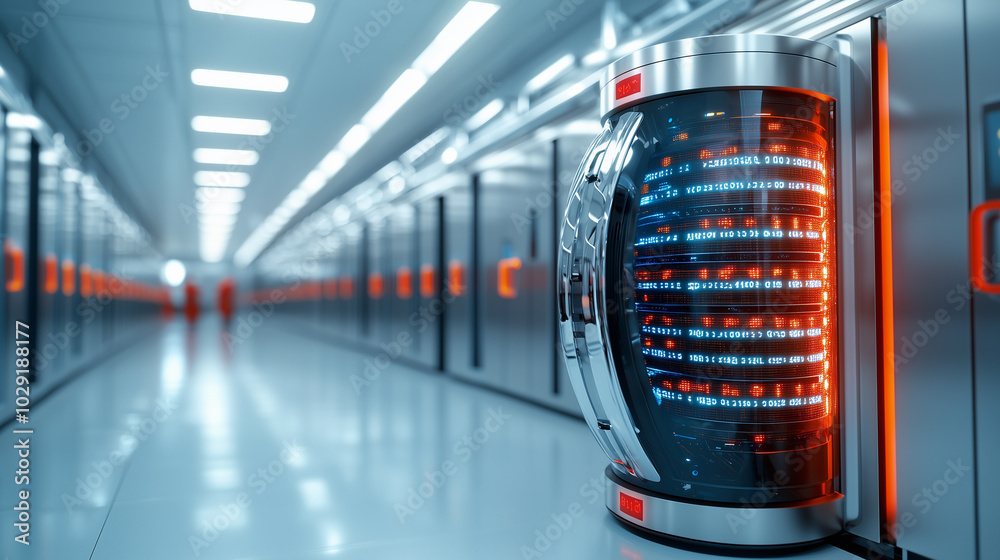 Aufkleber futuristic data storage unit illuminated by blue and red lights stands in sleek, modern data center.