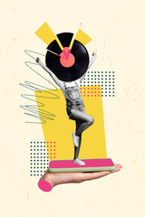 Composite trend artwork sketch collage of headless young lady dance stand smartphone display...