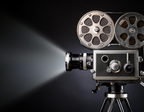 C&aacute;mara de cine antigua vintage con un haz de luz proyectado sobre fondo negro