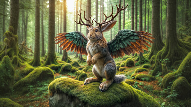Wolpertinger, mythical forest creature, rabbit with antlers and wings. Cute, furry animal on mossy rock in misty woods. Fantasy, German folklore, whimsical wildlife composite. Magical forest scene.