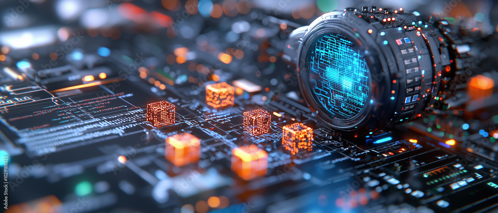 Poster futuristic digital landscape featuring camera lens with glowing world map, surrounded by intricate circuit patterns and glowing data cubes. This evokes sense of advanced technology and innovation
