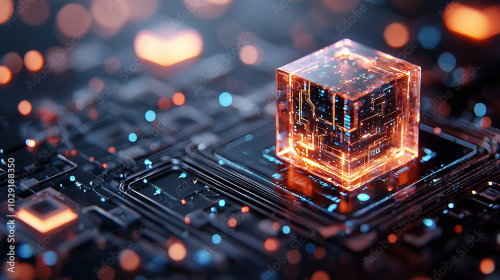 Poster glowing cube surrounded by intricate circuitry and vibrant lights creates futuristic atmosphere, sho