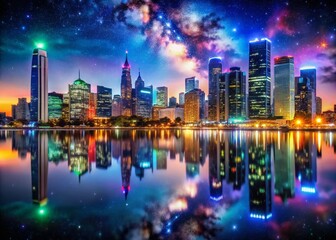 Fototapeta premium Striking night photography captures urban landscapes illuminated by vibrant neon lights, blending harmoniously with the awe-inspiring beauty of