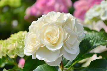 Delicate white roses bloom amidst vibrant garden hues in the warm afternoon sun