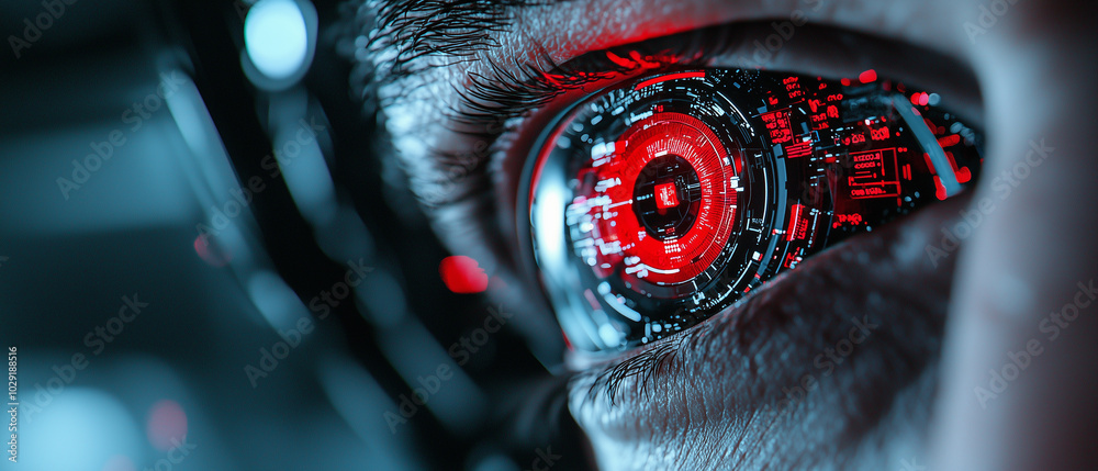 Poster eye peering through layers of digital privacy shields, showcasing intricate technology and vibrant r