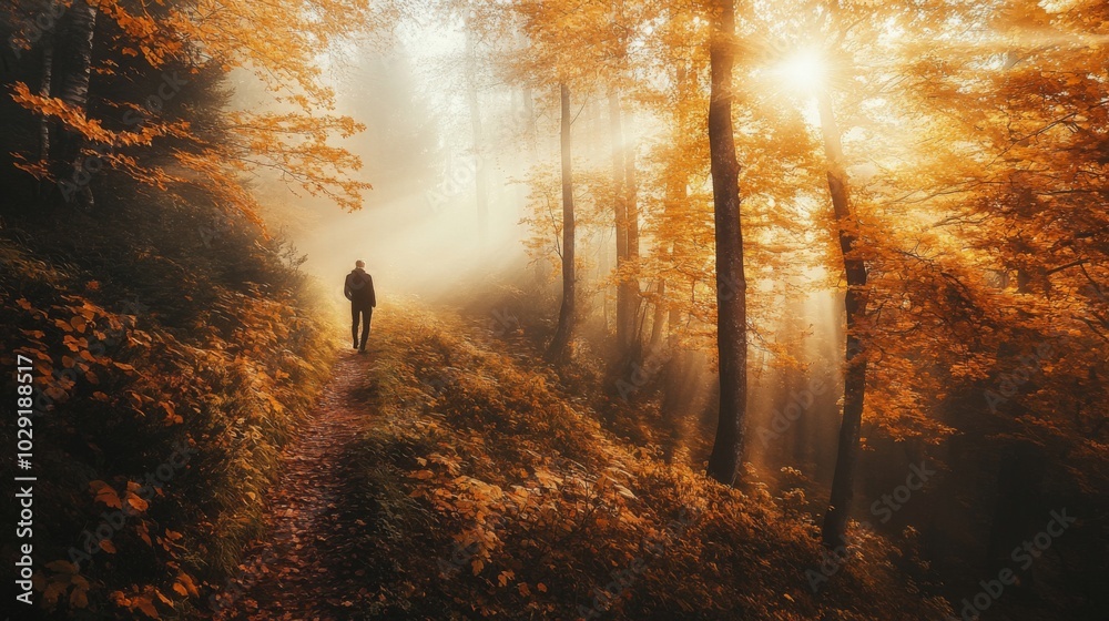 Poster a person walks along a tranquil path in a misty forest, surrounded by vibrant autumn leaves. the war