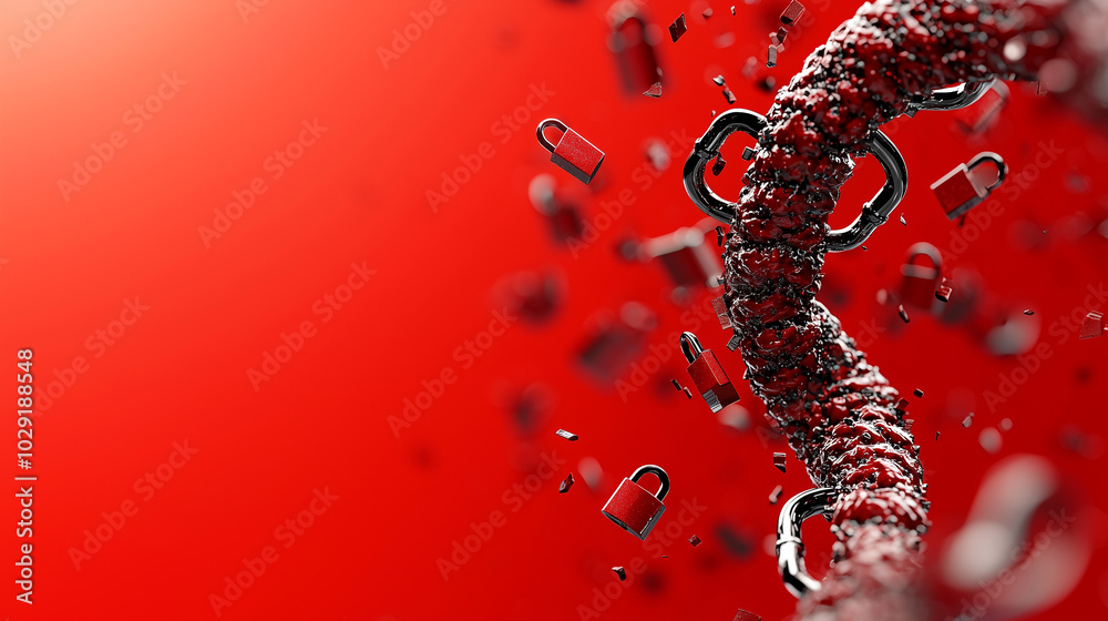 Poster image features dynamic representation of DNA strand intertwined with chains and locks, symbolizing security and protection in genetic data. vibrant red background enhances visual impact, creating