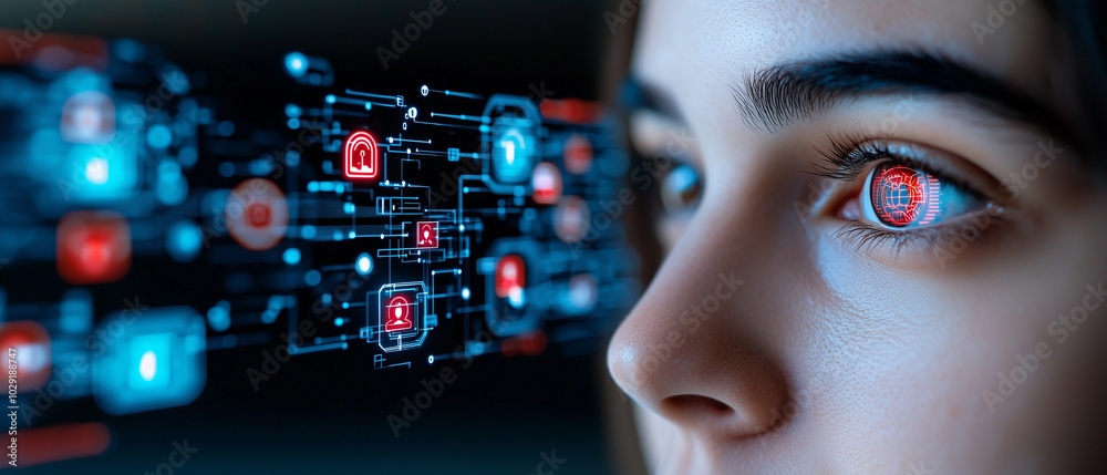 Poster close up of human eye with glowing iris, surrounded by digital icons and data streams, symbolizes technology and innovation. image evokes sense of curiosity and connection to digital world
