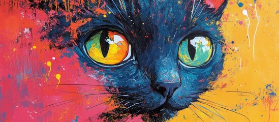 Close-up of a black cat's face with a vibrant, colorful paint splatter background.