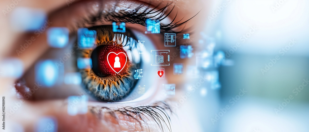 Poster close up of human eye with glowing iris, featuring digital icons and heart symbol, representing tech