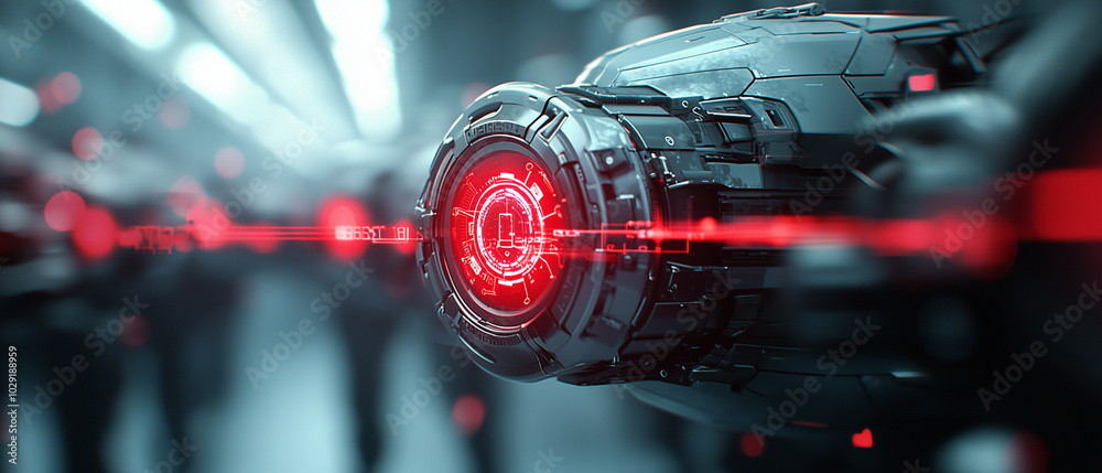 Aufkleber futuristic robotic device with glowing red interface is prominently displayed, surrounded by blurred background of figures in high tech environment. scene evokes sense of advanced technology and