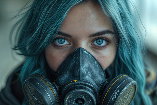 Young woman with vibrant teal hair and striking blue eyes wearing a black gas mask. Close-up portrait showcases intense gaze and freckled skin. 