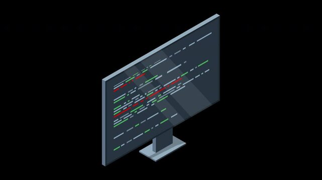 Isometric monitor with program code on screen animation. Programming concept. Web development. Transparent background with alpha channel