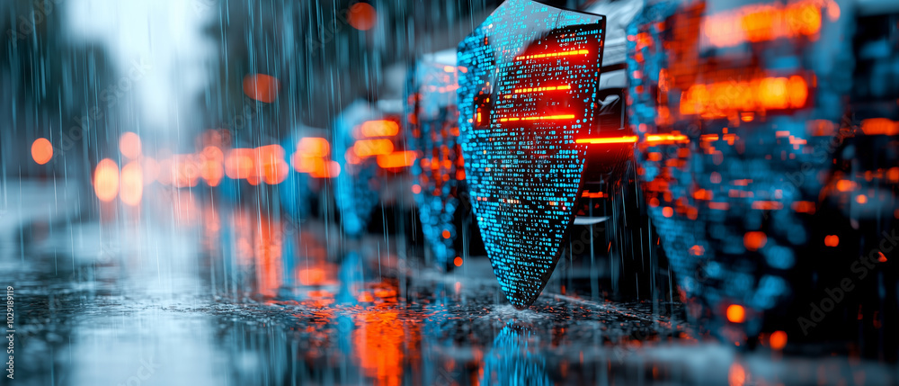 Aufkleber conceptual image of data breach protection featuring digital shield amidst rain, symbolizing securit