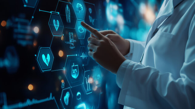 A healthcare professional interacts with advanced medical technology displaying digital health icons in a modern facility