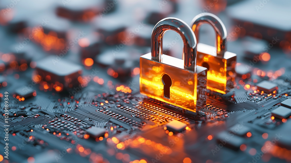 Aufkleber conceptual image of digital security featuring metallic locks on circuit board, symbolizing privacy and protection in technology. glowing elements enhance theme of safeguarding information